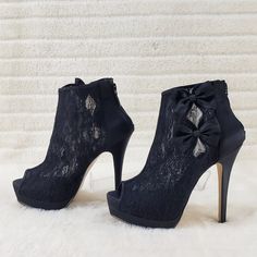 5 1/4" (13.3cm) Heel, 1 1/2" (3.8cm) Hidden Platform Lace Overlay Peep Toe Ankle Bootie With Double Side Bow Detail And Full Back Zipper New In Box Glamorous Lace-up Platform Heels, Party Boots With Ankle Strap Medium Width, Party Boots With Ankle Strap, Glamorous Ankle-high Heels With 4-inch Heel, Elegant Platform Boots With Ankle Strap, Formal Open Toe Boots With Wrapped Heel, Lace-up Platform Boots For Evening, Evening Lace-up Platform Boots, Party Ankle-high Heels With Padded Heel