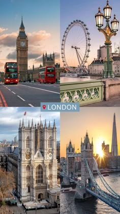 the london skyline is shown in four different pictures, including big ben and tower bridge