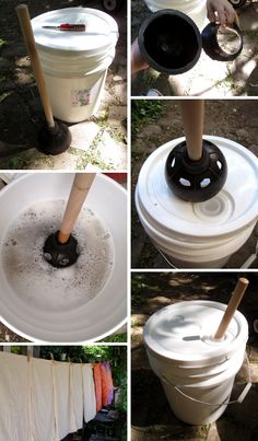 four pictures showing different ways to clean an old bucket and wash it with a rag