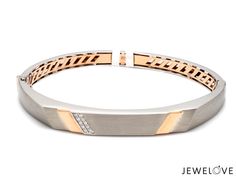 Platinum Kada, Bangles & Bracelets by Jewelove Men of Platinum Crafted in combination of Platinum & Rose Gold. The Bracelet is made in 95% Platinum & 18K Gold and hallmarked with Pt 950 for platinum purity. Metal : Platinum & 18K Gold Platinum Purity : 95% Gold Purity : 18K (750)   Purity Mark : Pt 950 & 18K Finishing : Matte Finish Width : 8mm Thickness : 5mm Estimated Weight : 36.440 grams (32.582 Pt + 3.84Au) Diamond Weight : 0.09 cts. Diamond Clarity : VVS or SI (as selected above)  Diamond Luxury Platinum Bracelet, Gold And Platinum Kada For Men, Platinum Diamond-cut Bracelet For Everyday Luxury, Luxury Silver Gold-plated Diamond Bracelet, Luxury Rose Gold-plated Gold Bracelet, Mens Bracelet Gold Jewelry, Rose Gold Diamond Bracelet, Platinum Bracelet, Diamond Pendants Designs