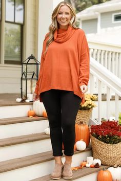 Chic Soul plus size clothing, rust sweater with a cowl neckline Solid Color Tops For Layering In Fall, Cozy Solid Tops For Fall, Cozy Turtleneck Tops For Fall, Cozy Fall Turtleneck Tops, Casual Turtleneck Tops For Fall, Fall Layering Tops With Cowl Neck, Casual Cowl Neck Top, Casual Cowl Neck Sweater For Layering, Rust Long Sleeve Tops For Fall