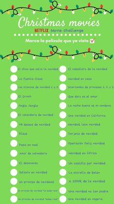 a green christmas movie list with lights on the top and below it, in spanish