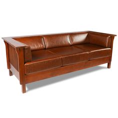 Arts and Crafts / Craftsman Cubic Slat Side Sofa - Chestnut Brown Leather - Crafters and Weavers Blue Chesterfield Sofa, Side Sofa, Oak Tv Stand, Mission Style Furniture, Cherry Brown, Craftsman Furniture, Quarter Sawn White Oak, Mission Oak, Chestnut Leather