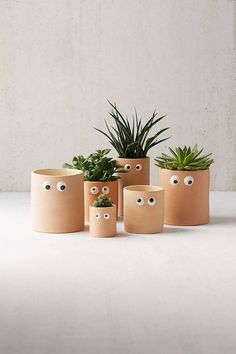 four planters with plants in them and eyes drawn on the faces, all made out of clay