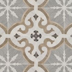 an artistic tile design in grey and brown tones with white flowers on the top right hand corner