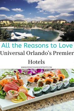 an advertisement for the universal orlando's premer hotel with sushi and other food items