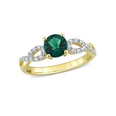 This 1/10 carat (ctw) diamond and 4/5 carat (ctw) lab-created green emerald ring is a stunning piece of jewelry. Crafted from high-quality 10 karat yellow gold, it features a classic design that is both elegant and timeless. The rings centerpiece is a vibrant 4/5 carat lab created round brilliant emerald, which is surrounded by a halo of sparkling white diamonds totaling 1/10 carat (ctw). The sleek yellow gold band provides the perfect backdrop for the brilliant green of the emerald and the dazz Luxury 14k Gold Emerald Ring Birthstone, Luxury 14k Gold Octagon Emerald Ring, Luxury 14k Yellow Gold Emerald Ring, Elegant Yellow Gold Emerald Ring, Collectible, Promise Ring Band, 14k Gold Green Emerald Ring, Fine Jewelry, Green Gemstone Ring, Green Emerald Ring, Lab Created Emerald