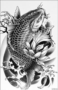 a tattoo design with a fish and flowers on it