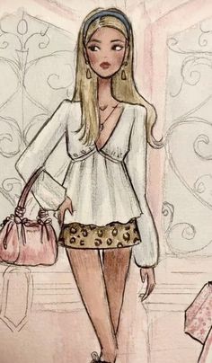 a drawing of a girl with long blonde hair holding a handbag and wearing high heels