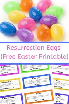 easter egg printables for kids to use in the classroom or at home with text overlay that reads, resurrection eggs free easter printable