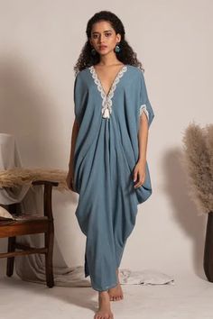 Shop for Vanshika Agarwal Blue Lining Zola Pearl Embroidered Kaftan for Women Online at Aza Fashions Business Portraits Woman, Kaftan Pattern, Kaftan For Women, Embroidered Kaftan, Princess Outfits, Embroidered Neckline, Blue Pearl, Kaftan Dress, Fashion Wear