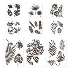 the silhouettes of tropical plants and leaves are shown in different shapes, sizes and colors