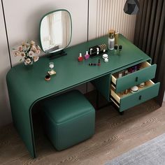 a green desk with drawers and a mirror