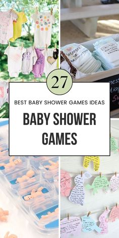 baby shower games with the words best baby shower games in white and pink on them