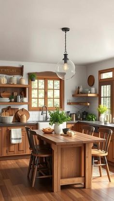 a kitchen filled with lots of wooden furniture and decor on top of hard wood flooring