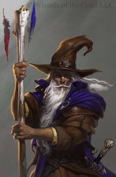 the wizard is holding an arrow and wearing a hat