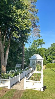 an outdoor garden area with white planters, trees and a gazebo in the background