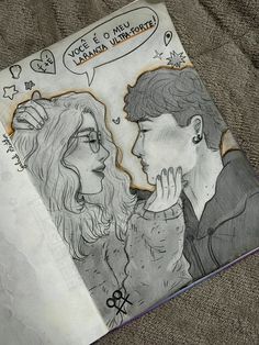 a drawing of two people talking to each other on top of a book with writing above them