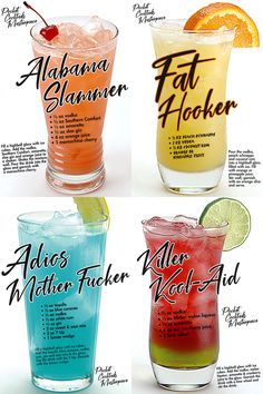 four different types of cocktails with names on them