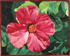 a painting of a pink flower with green leaves on it's sides and red petals