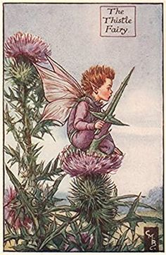 a fairy sitting on top of a flower next to a green plant with purple flowers