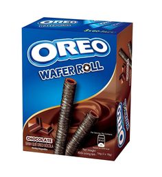 oreo wafer roll chocolate flavored bar in a cardboard box on a white background