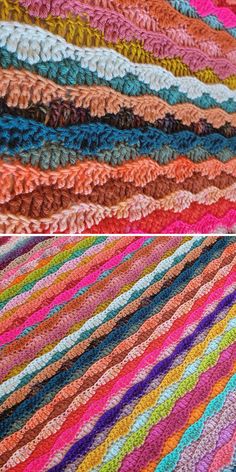 two rows of multicolored crocheted rugs, one in different colors