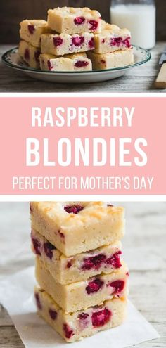 raspberry blondies stacked on top of each other with the words, perfect for mother's day