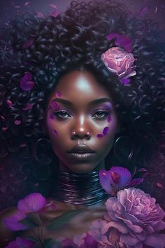 a woman with flowers in her hair and purple makeup is surrounded by pink roses as she stares into the camera