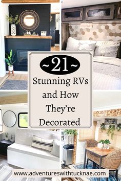 rv living room and bedroom with text overlay reading 21 stunning rvs and how they're decorated