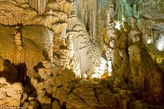 the inside of a cave with lots of stalate formations