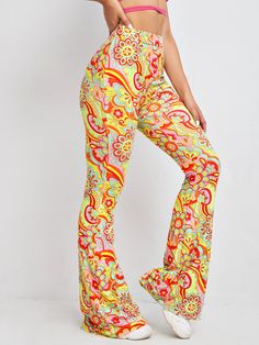 Floral Print Flare Leg Pants Multicolor Boho   Fabric Floral,All Over Print Flare Leg Slight Stretch Spring/Summer/Fall Women Clothing, size features are:Bust: ,Length: ,Sleeve Length: Butterfly Pants, Boho Fabric, High Waisted Flares, Flare Leg Pants, Women Pants, Flounce Sleeve, Shein Style, Festival Outfit, Primavera Estate