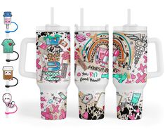 two travel mugs with different designs on them, one is white and the other has pink