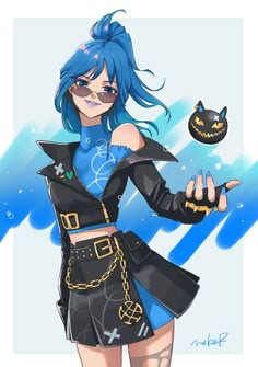 an anime character with blue hair and black clothes