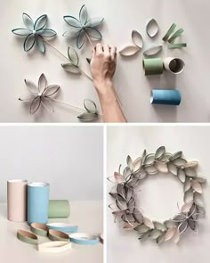 three different pictures of various items made out of toilet paper and rolled up with scissors