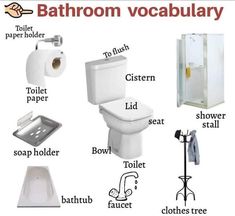 a bathroom with toilet, sink, shower and other items labeled in english on it