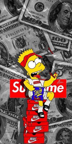 the simpsons character is standing on top of stacks of money and holding a sign that says supreme