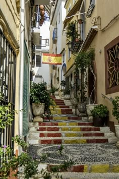 an image of a street with stairs and potted plants