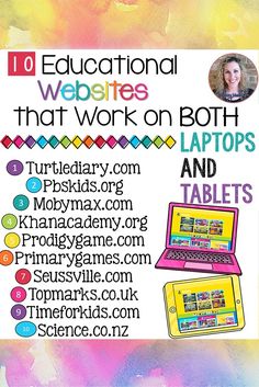 an advertisement for laptops and tablets on a colorful background with the words educational web sites that work on both laptops and tablets