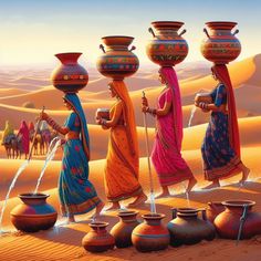 three women are standing in the desert with vases on their heads and water coming from them