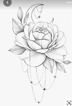 a black and white drawing of a rose with the moon on it's side