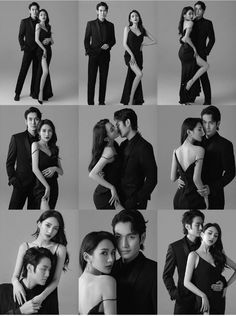 black and white photos of people in formal wear, posing for the camera with their arms around each other