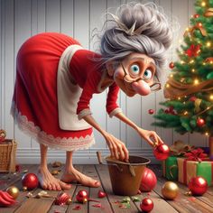 an older woman is cooking in front of a christmas tree with presents on the floor