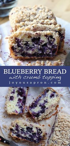 blueberry bread with crumb toppings is cut in half and on a plate