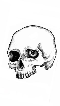 a black and white drawing of a human skull with one eye on it's side