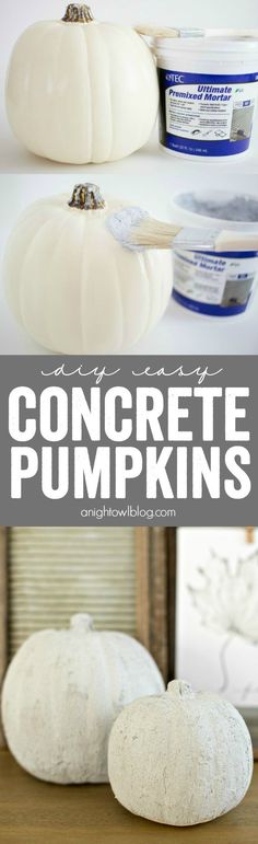 some white pumpkins sitting on top of a table with the words concrete pumpkins