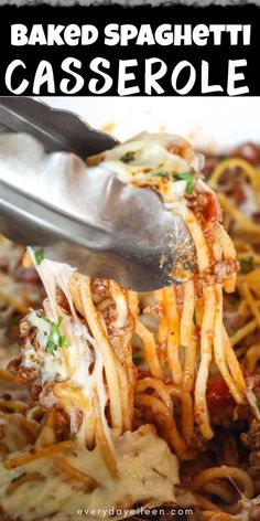 baked spaghetti casserole with meat and cheese being lifted from the casserole