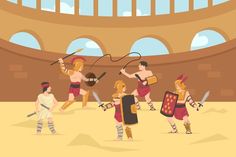 some people in roman costumes are playing with swords and shields while others watch from inside an arena