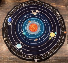 a plate with an image of the solar system on it, sitting on a wooden table