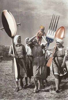 a group of people standing next to each other holding utensils and paddles